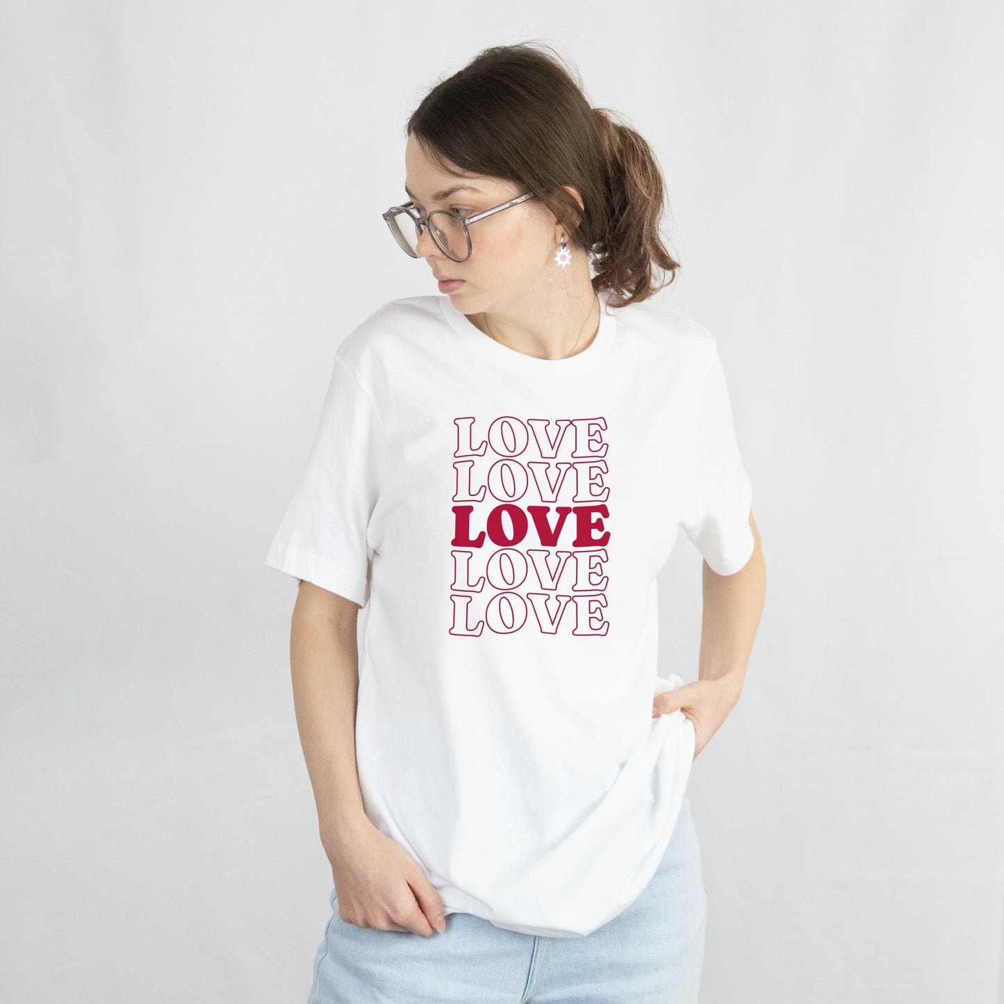 Stylish White Graphic Tee with Bold Red LOVE Design - Perfect Casual Wear