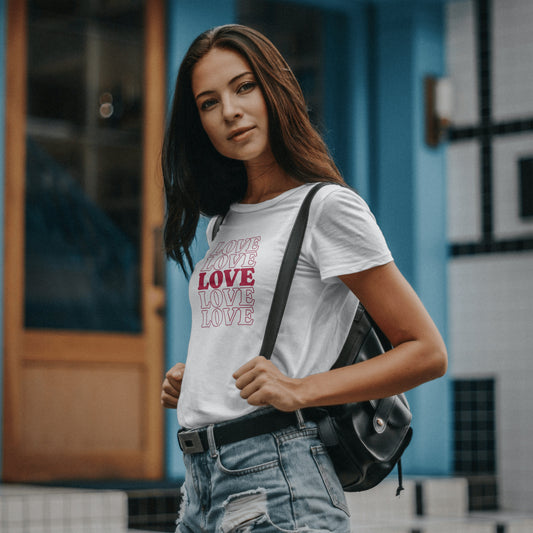 Stylish White Graphic Tee with Bold Red LOVE Design - Perfect Casual Wear